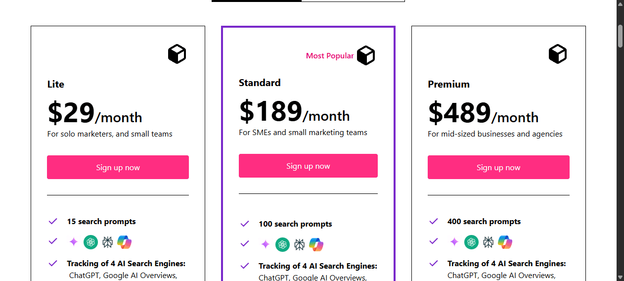 Otterly.AI pricing showing Lite 29 dollars, Standard 189 dollars and Premium 489 dollars per month