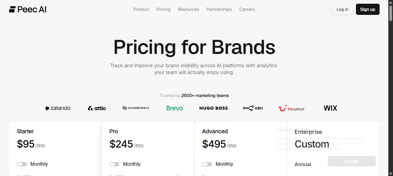 Peec AI pricing page showing Starter 95 dollars, Pro 245 dollars and Advanced 495 dollars per month