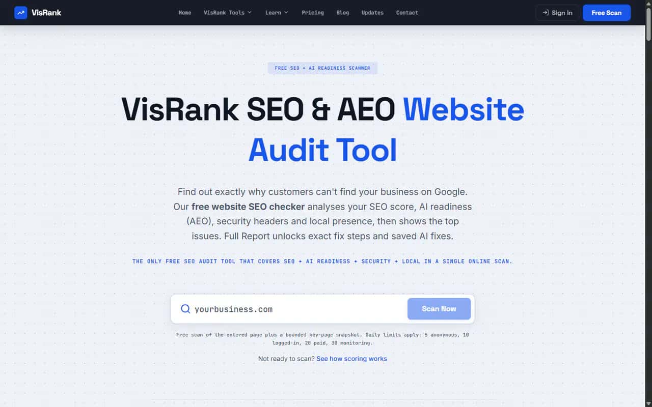 Current VisRank homepage scan form for checking SEO, AEO, Trust, AI Citation, security, and local visibility signals