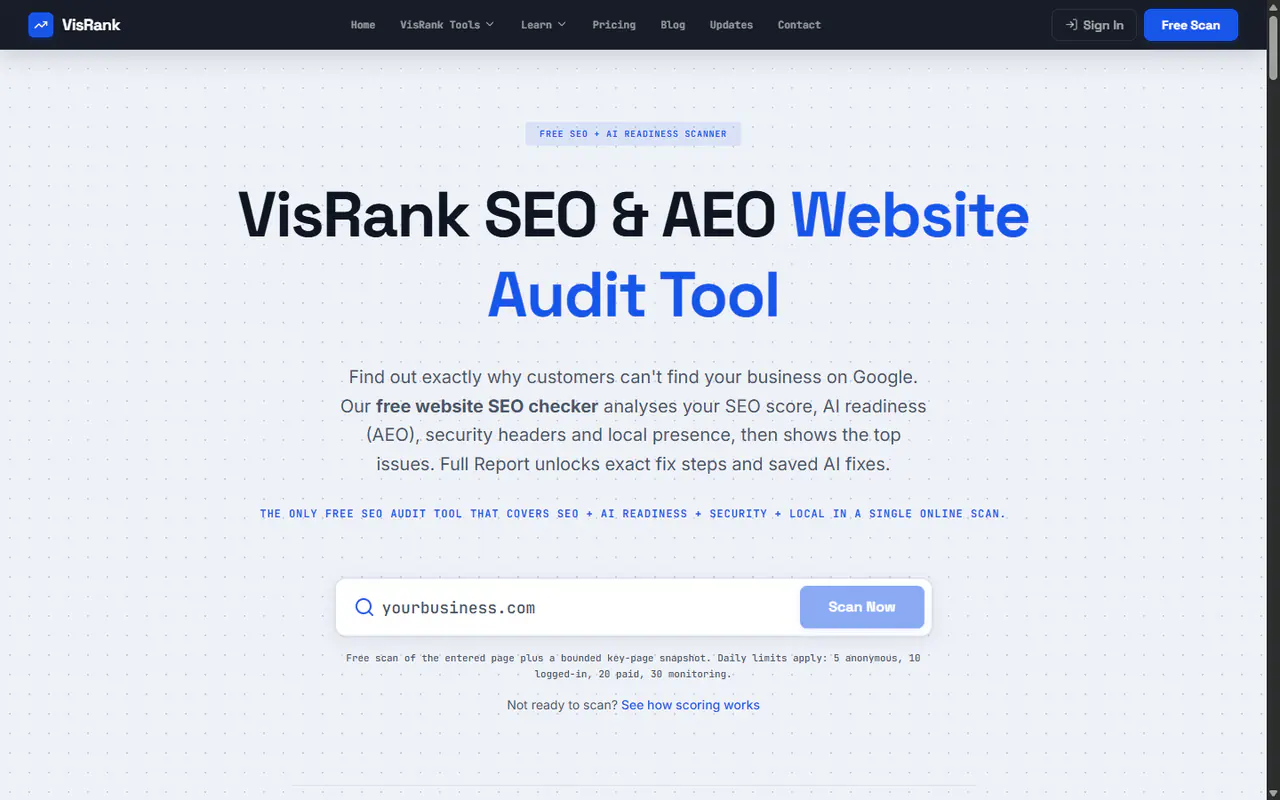 Real VisRank scan form on the current homepage