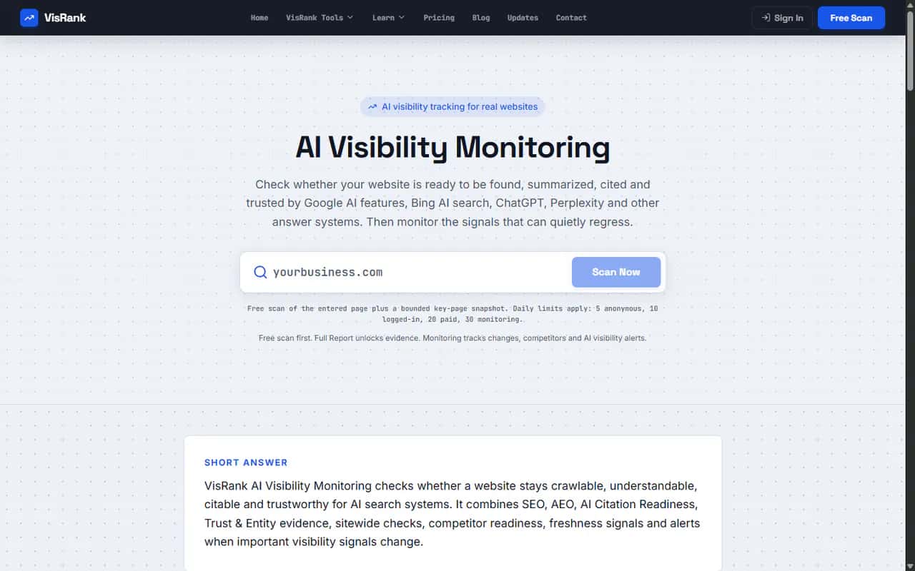 Current VisRank AI Visibility Monitoring page for tracking crawlability, citations, trust signals and alerts
