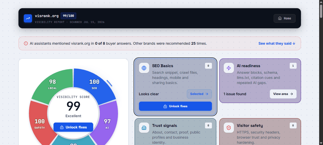 VisRank public self-scan showing an overall score of 99 with one AI-readiness issue on July 15, 2026